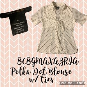 BCBGMAXAZRIA polka dot blouse with tie and buttons